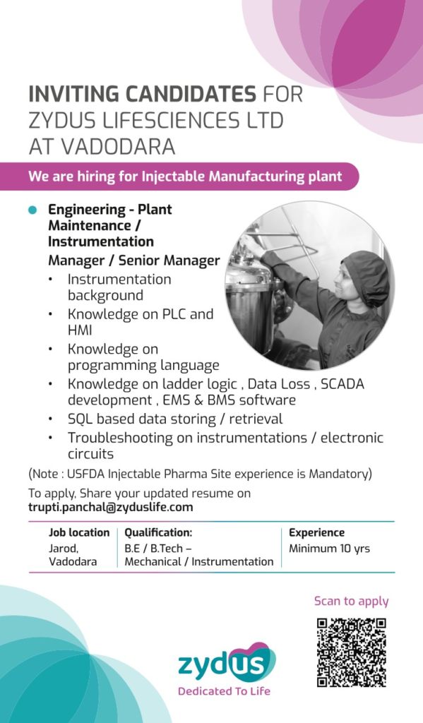 Zydus Lifesciences Is Hiring for Manager/Senior Manager – Engineering in Vadodara