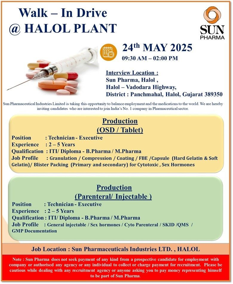 Sun Pharma Walk-In Drive for Production Roles