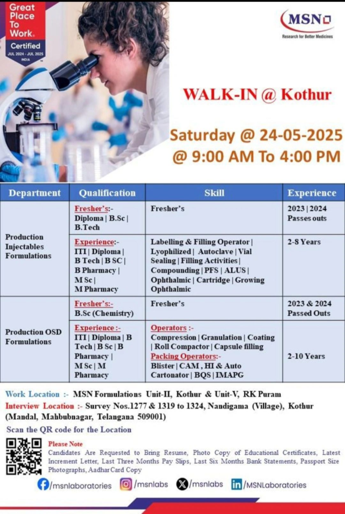 MSN Laboratories Walk-In Drive for Production Roles on 24th May