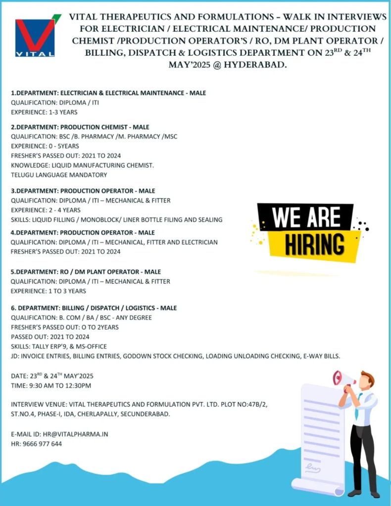 Vital Therapeutics Walk-In Interviews for Multiple Roles on 23rd-24th May