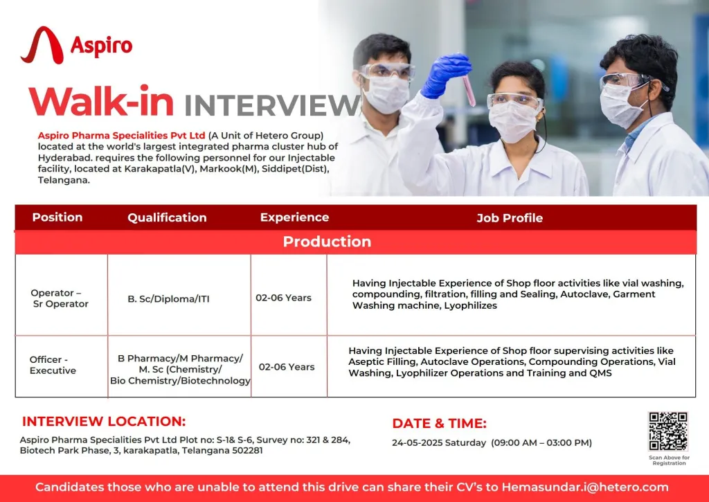 Aspiro Pharma for Production Roles in Hyderabad
