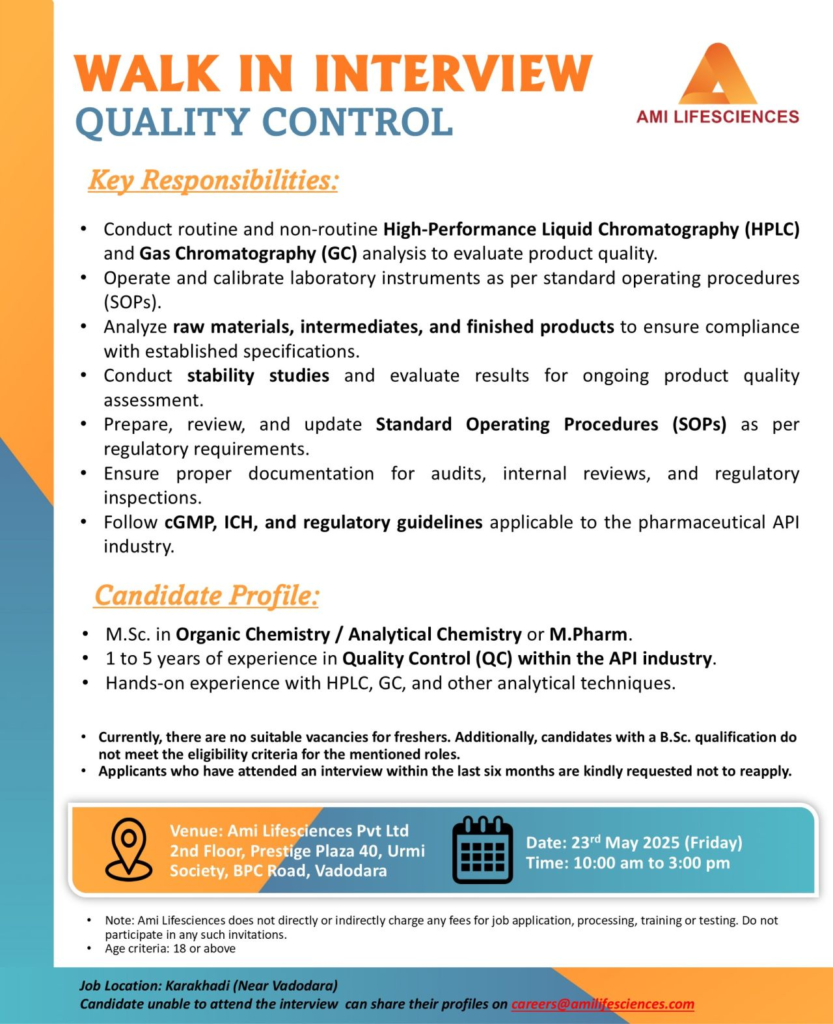 Ami Lifesciences Walk-In Interview for Quality Control Roles on 23rd May