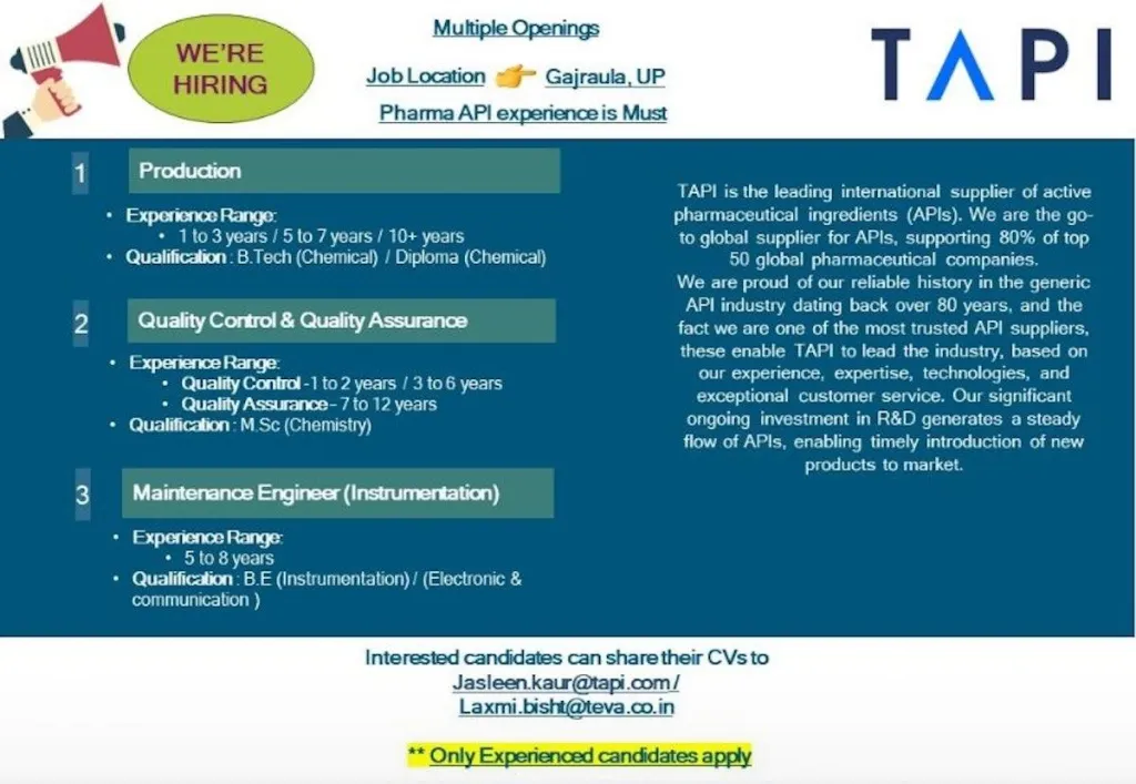 TAPI (Teva Group) - Multiple Job Openings for Production / QA / QC / Maintenance Departments