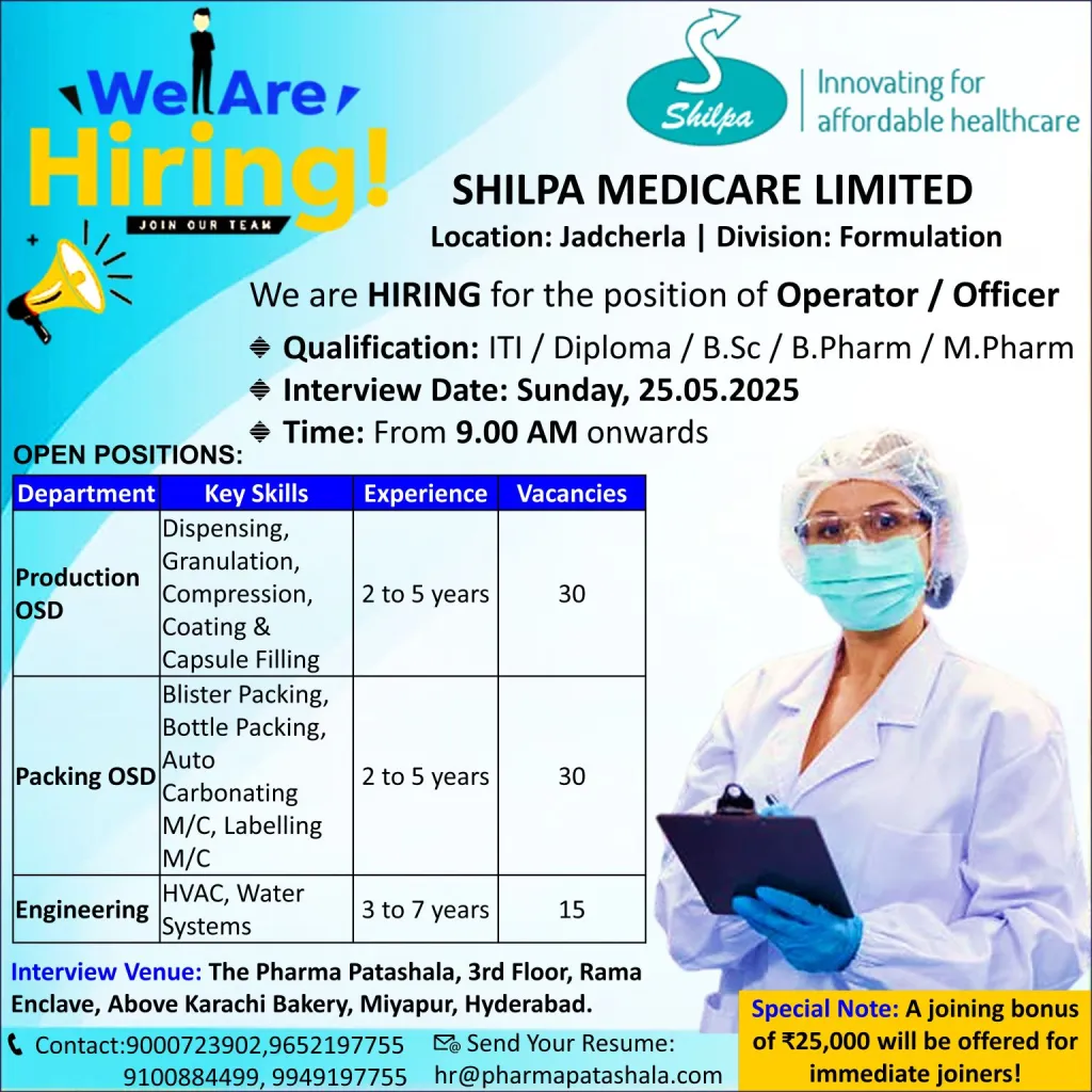 Shilpa Medicare Limited - Urgent Hiring for Prodcution, Packing, Engineering - OSD