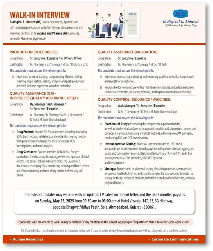 Biological E. Limited Walk-In Interview for Production, QA, QC Departments on 25th May