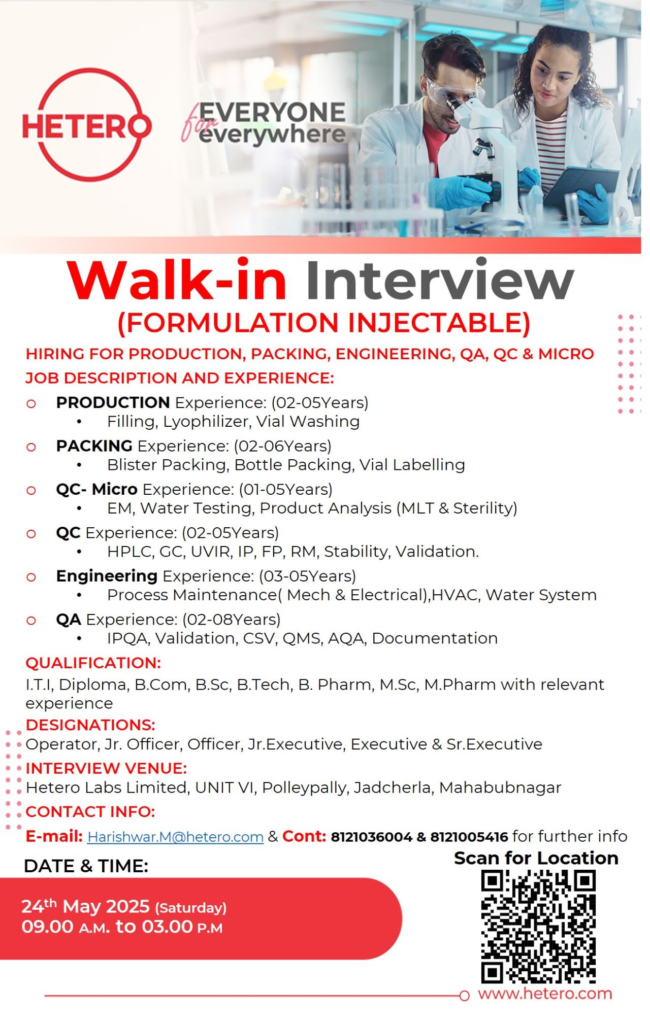 Hetero Labs Limited Walk-In Interview for Production, Warehouse, QA, QC, Packing & Engineering Departments in Jadcherla
