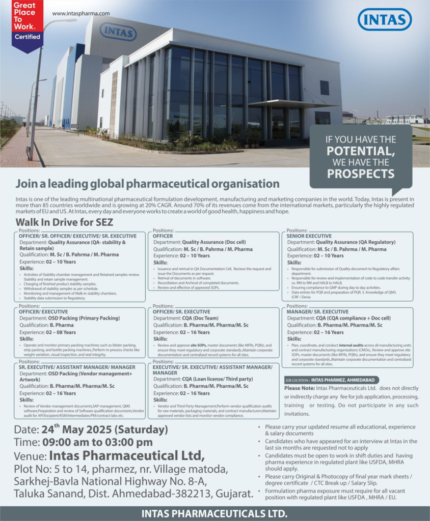 Intas Pharmaceuticals Limited – Walk-In Interview for QA, Packing - OSD in Ahmedabad on 24th May
