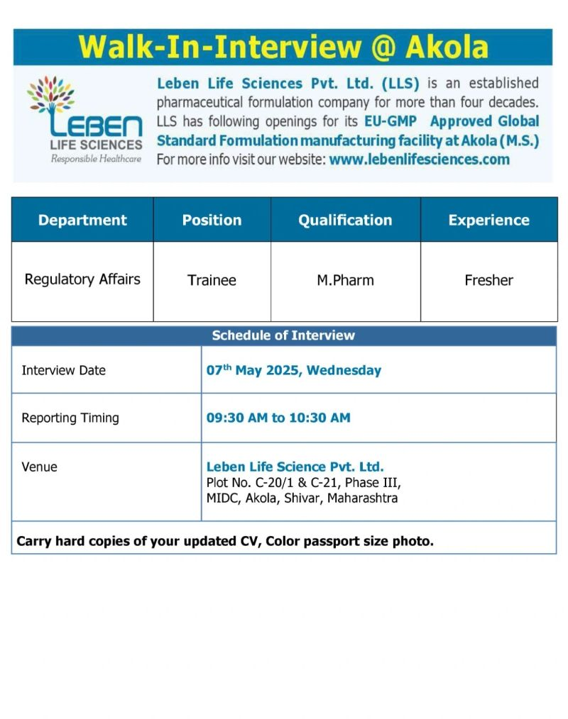 Leben Life Sciences Walk-In Interview for Regulatory Affairs Trainee – May 7, 2025