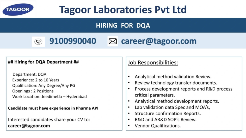 Tagoor Laboratories – Exciting DQA Career Opportunities in Hyderabad!