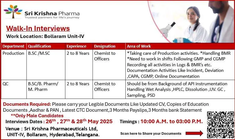 Sri Krishna Pharma Walk-in Interviews 2025 - Production & Quality Control Jobs