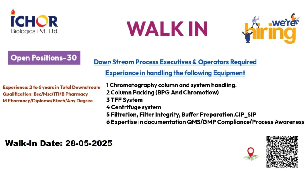 ICHOR Biologics Walk-in Drive 2025 - 30 Downstream Process Executive & Operator Jobs in Hyderabad