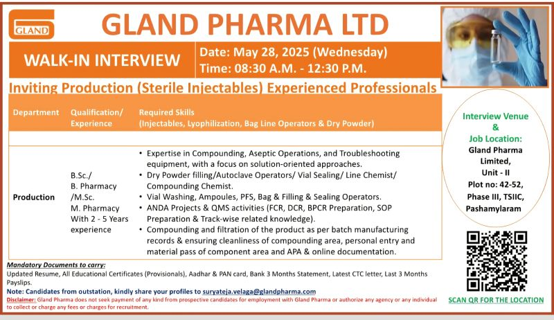 Gland Pharma Ltd Walk-In Interview for Production (Sterile Injectables) Professionals on 28th May