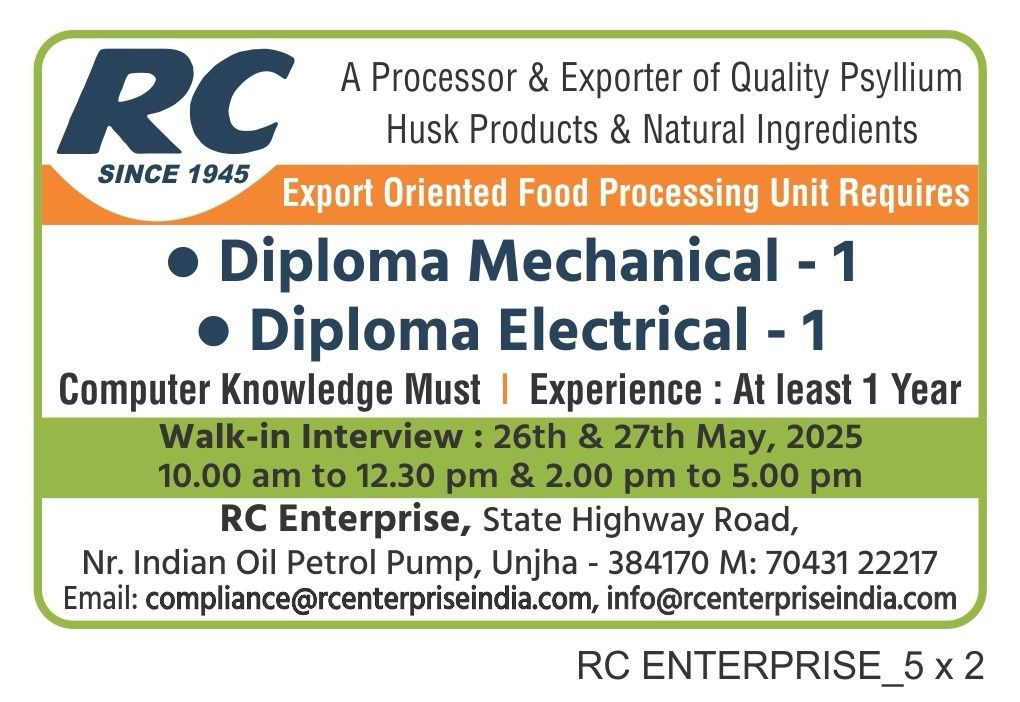 RC Enterprise Walk-In Interview for Diploma Mechanical and Electrical Professionals on 26th, 27th May