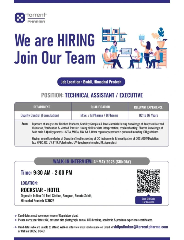 Torrent Pharma Walk-In Interview for Technical Assistant/Executive in Quality Control in Baddi – May 4, 2025