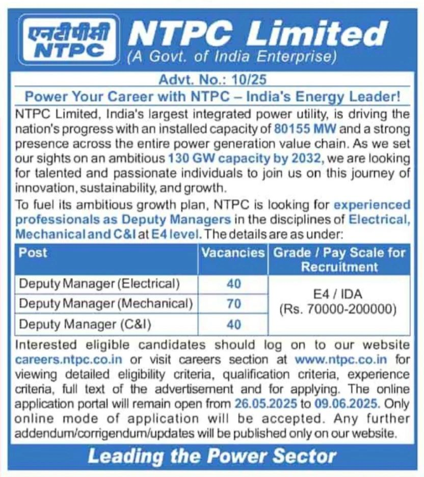 NTPC Limited for Deputy Manager Roles in Electrical, Mechanical, and C&I (Advt. No. 10/25)