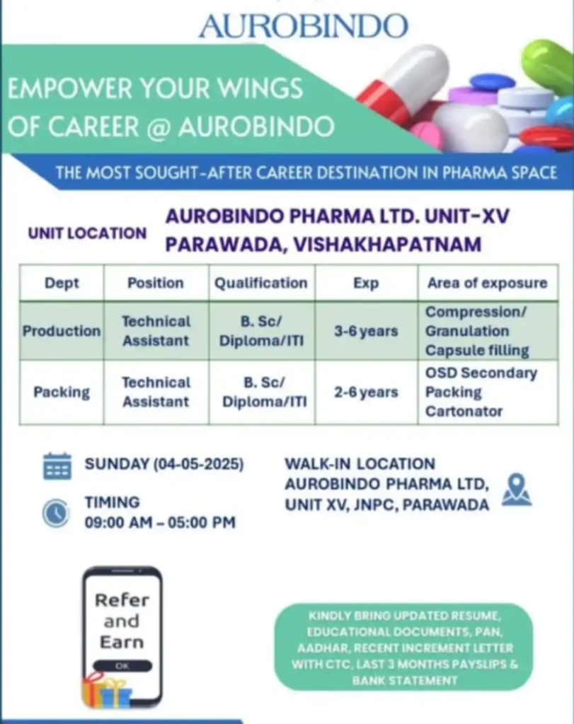 Aurobindo Pharma Walk-In Interview for Technical Assistant in Visakhapatnam – May 4, 2025