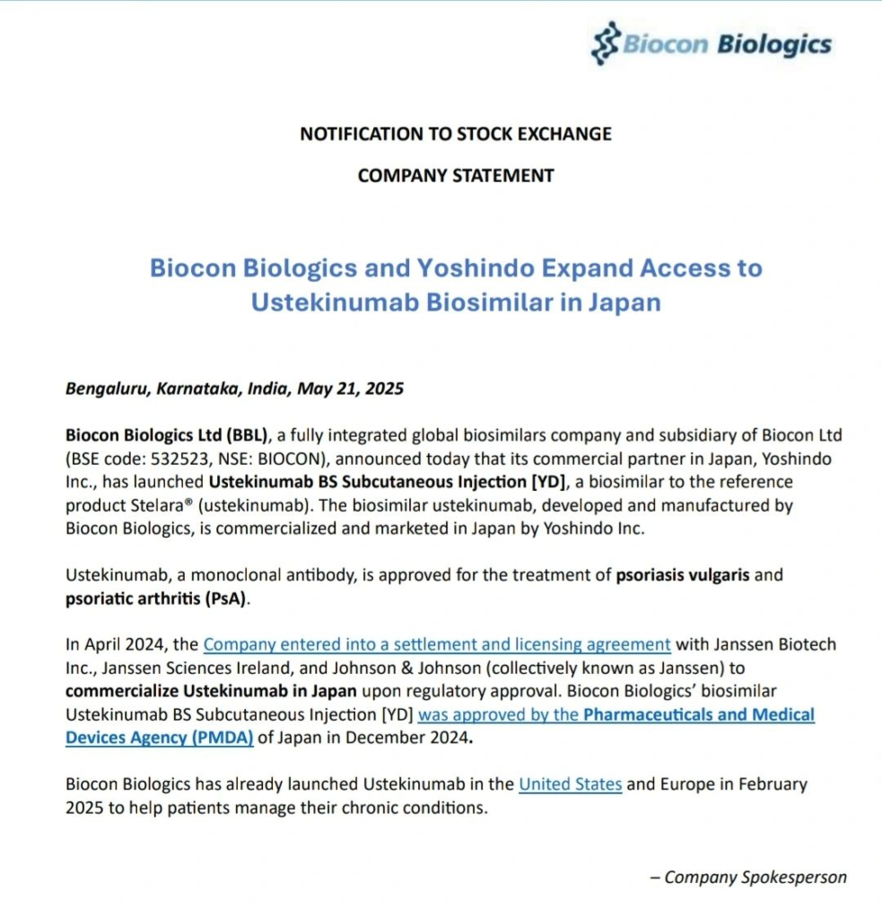 Biocon Biologics and Yoshindo Expand Access to Ustekinumab Biosimilar in Japan