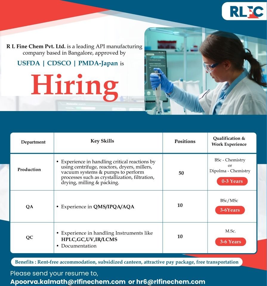 65+ Job Openings @ R L Fine Chem - Urgent Hiring for API Manufacturing Jobs in Bangalore