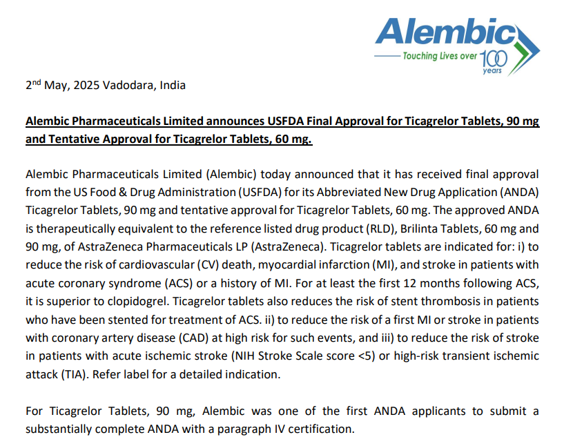 Alembic Pharmaceuticals Limited announces USFDA Final Approval for Ticagrelor Tablets
