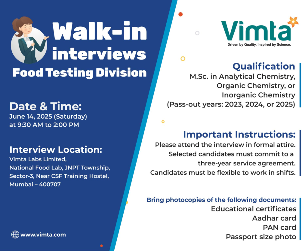 Vimta Labs Walk-In Interviews for Food Testing Jobs on 14th June (Freshers)