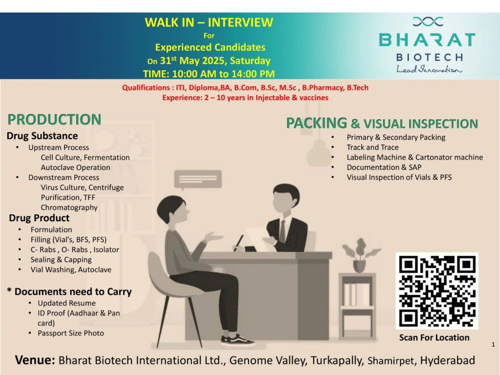 Bharat Biotech Walk-In Interview for Vaccine Jobs in Production, Packing & Visual Inspection on 31st May