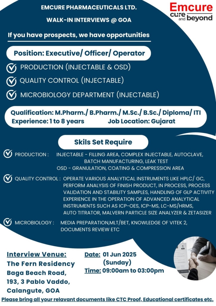 Emcure Pharmaceuticals Walk-In Interview for Pharmaceutical Jobs in Production, QC and Microbiology Department (Injectable) on 1st June