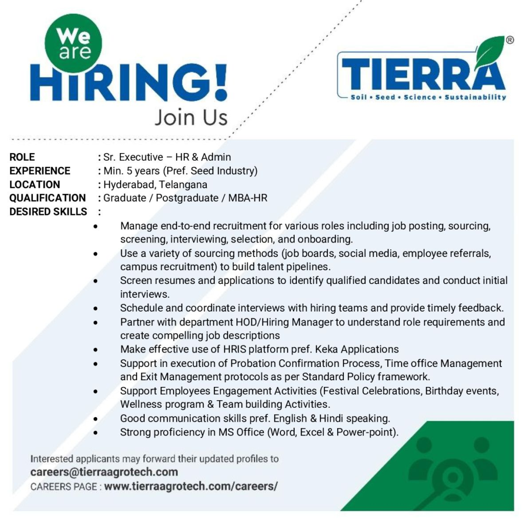 Tierra Agrotech Is Hiring for Sr. Executive - HR & Admin
