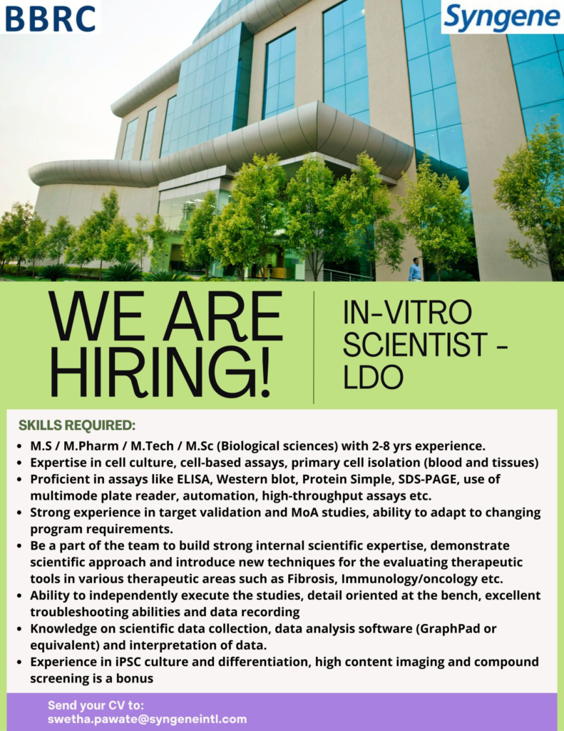 Syngene BBRC Is Actively Hiring for In-Vitro Scientist (LDO) in Bangalore