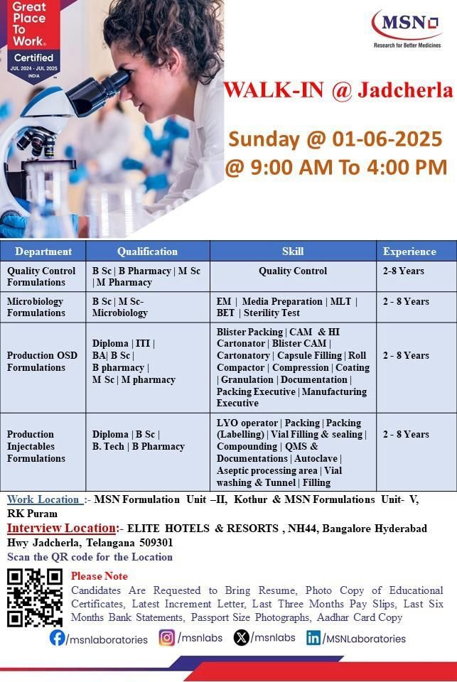MSN Laboratories Walk-In Interview for Multiple Positions on 1st June – Great Place to Work Certified