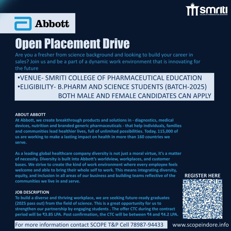 Smriti College of Pharmaceutical Education with Abbott - Open Placement Drive in 2025