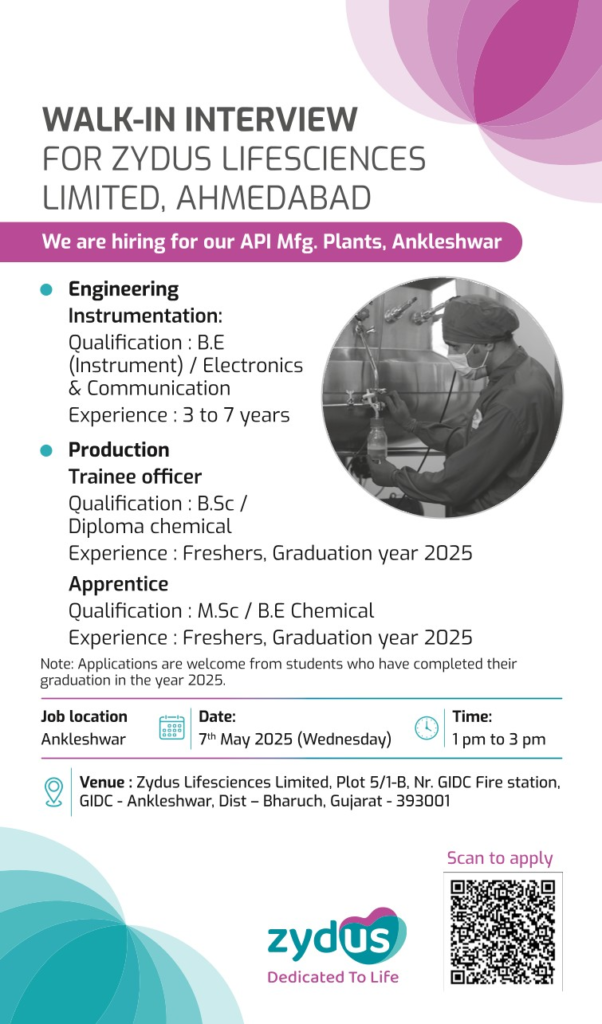 Zydus Lifesciences Walk-In Interview for API Manufacturing in Ankleshwar – May 7, 2025