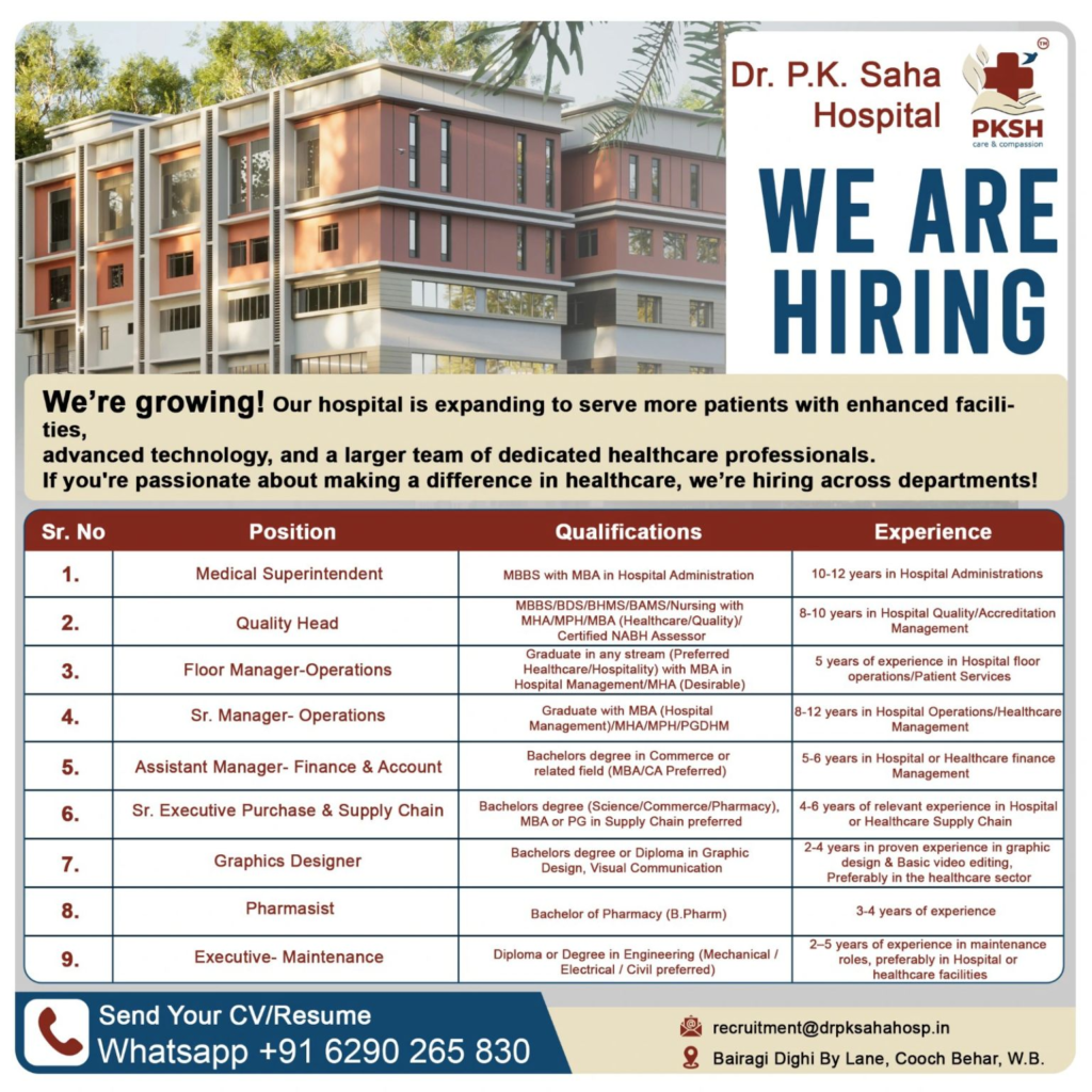 Dr. P.K. Saha Hospital Walk-In Drive for Healthcare Professionals in Cooch Behar