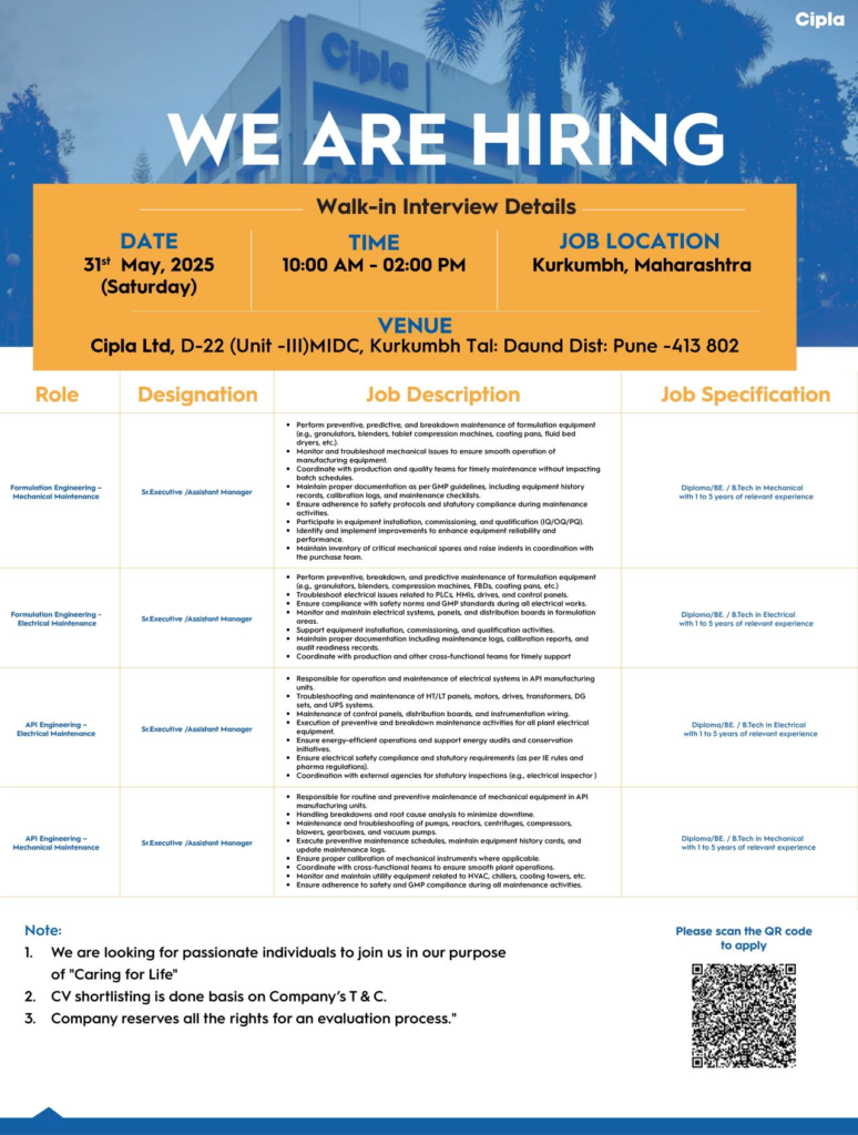 Cipla Walk-In Interviews for Engineering Professionals on 31st May