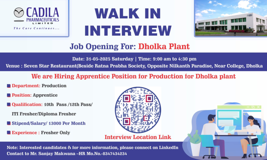 Cadila Pharmaceuticals Walk-In Interview for Apprentice Positions on 31st May (Freshers)