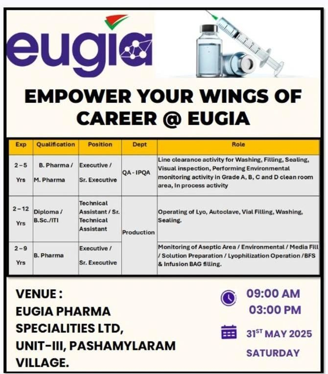 Eugia Pharma Specialities Walk-In Interviews for Quality Assurance and Production Roles on 31st May
