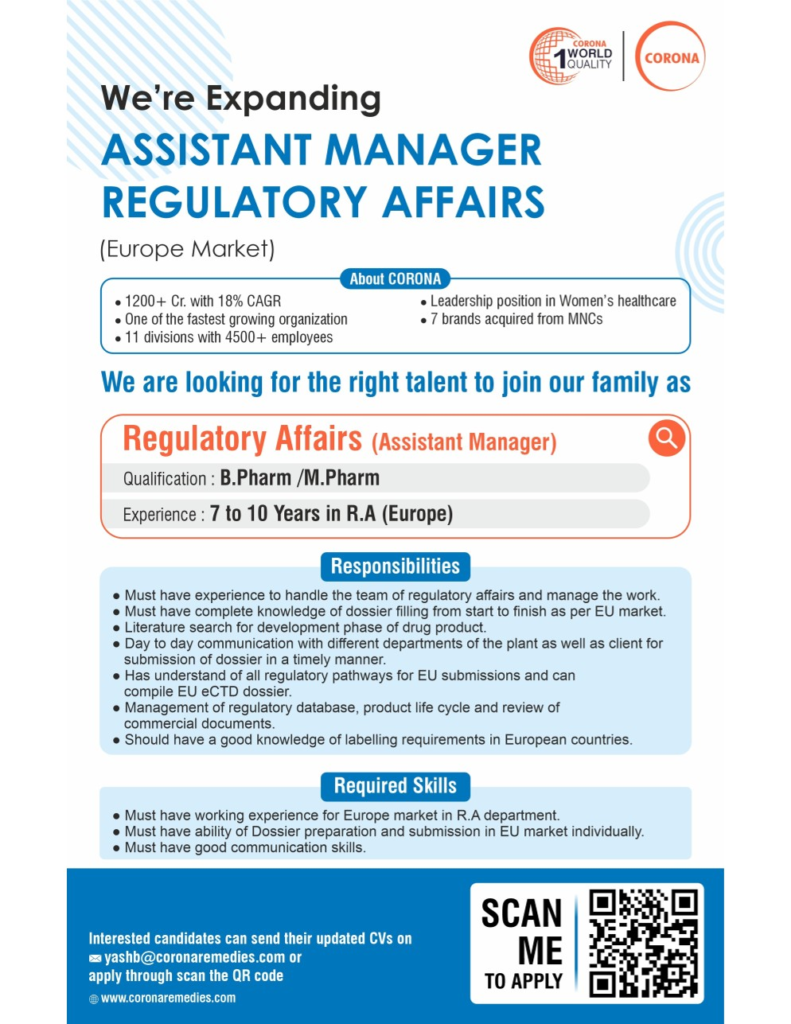 Corona Remedies Is Hiring for Assistant Manager – Regulatory Affairs (Europe Market)