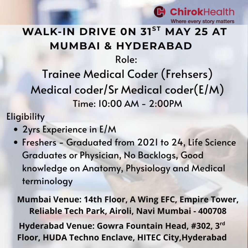 Chirok Health Walk-In Drive for Medical Coding Roles for Freshers on 31st May