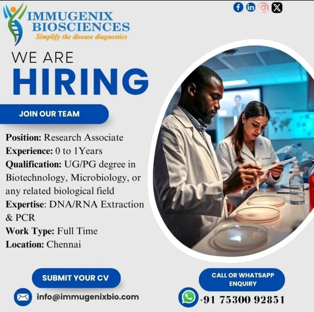 Immugenix Biosciences - Urgent Hiring for Research Associate Position (0-1 Years Exp)