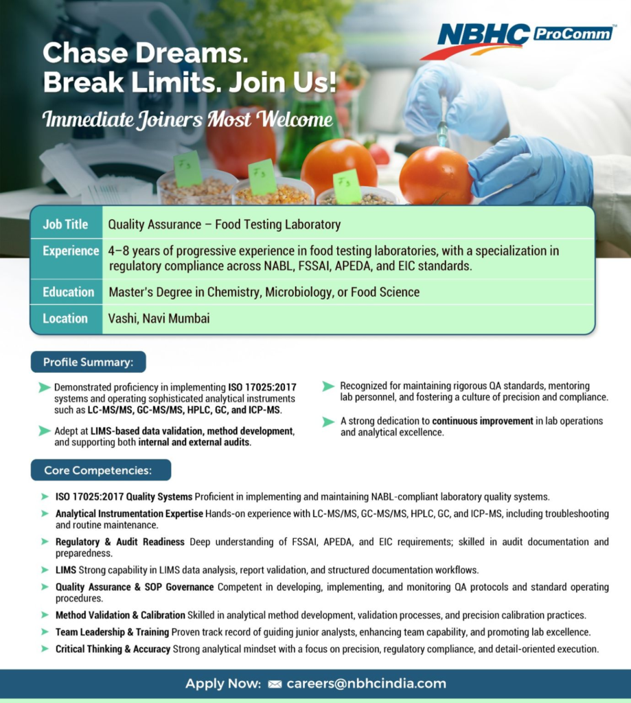 NBHC ProComm - Job Openings for Quality Assurance Role in Food Testing Laboratory, Navi Mumbai