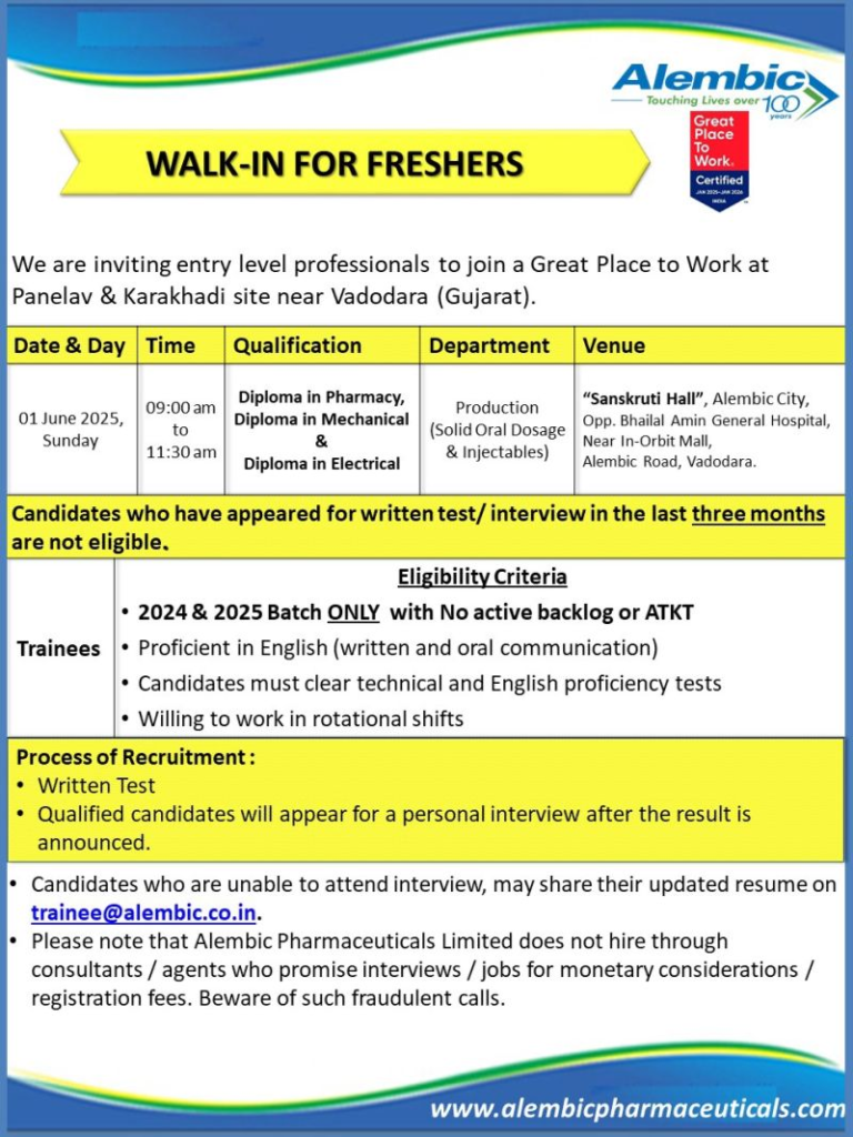 Alembic Pharmaceuticals Walk-In Drive for Freshers in Production (Solid Oral Dosage & Injectables) on 1st June