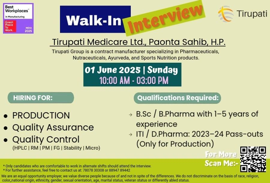 Tirupati Medicare Ltd Walk-In Interview for Manufacturing Roles on 1st June (0-5 Years Exp)