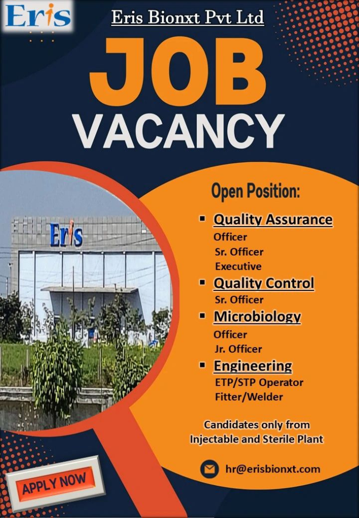 Eris Bionxt – Multiple Vacancies for Injectable and Sterile Plant – Apply by May 15, 2025