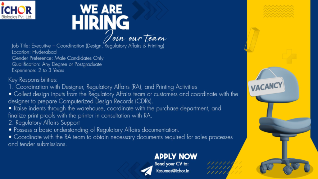 ICHOR Biologics Is Hiring for Executive - Coordination (Regulatory Affairs)