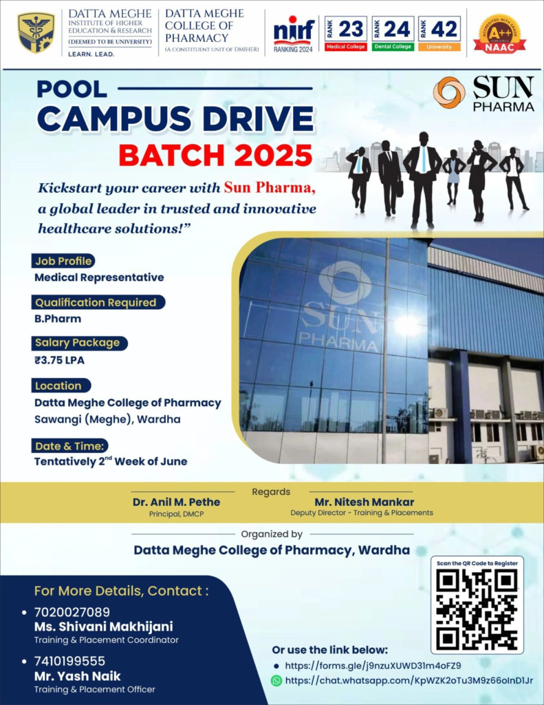 Sun Pharma - Pool Campus Drive 2025 for Medical Representative at Datta Meghe College of Pharmacy