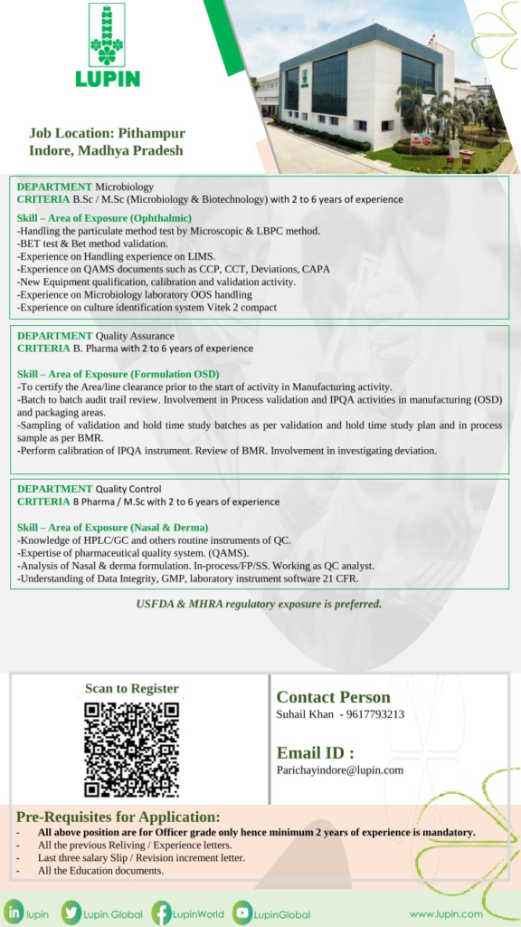 Lupin Limited Walk-In Interview for QA, QC & Microbiology Roles in Pithampur, Indore