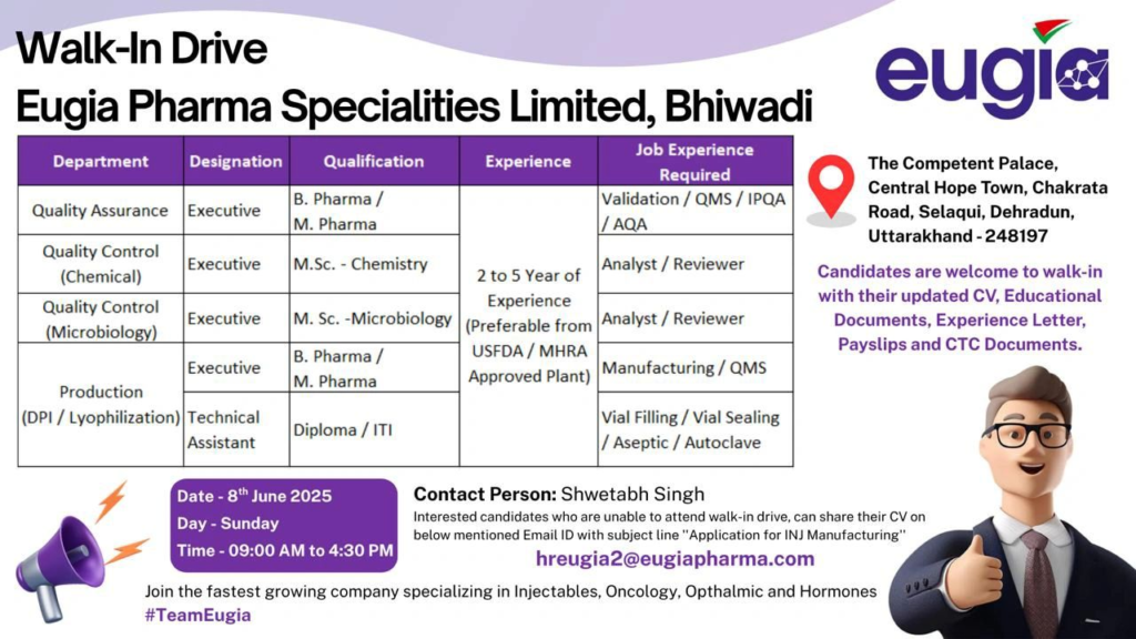 Eugia Pharma Specialities Walk-In Drive for QA, QC & Production on June 8th, 2025