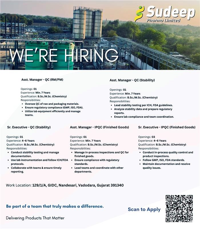 Sudeep Pharma Limited in Vadodara – Quality Control Vacancies – Apply by May 15, 2025