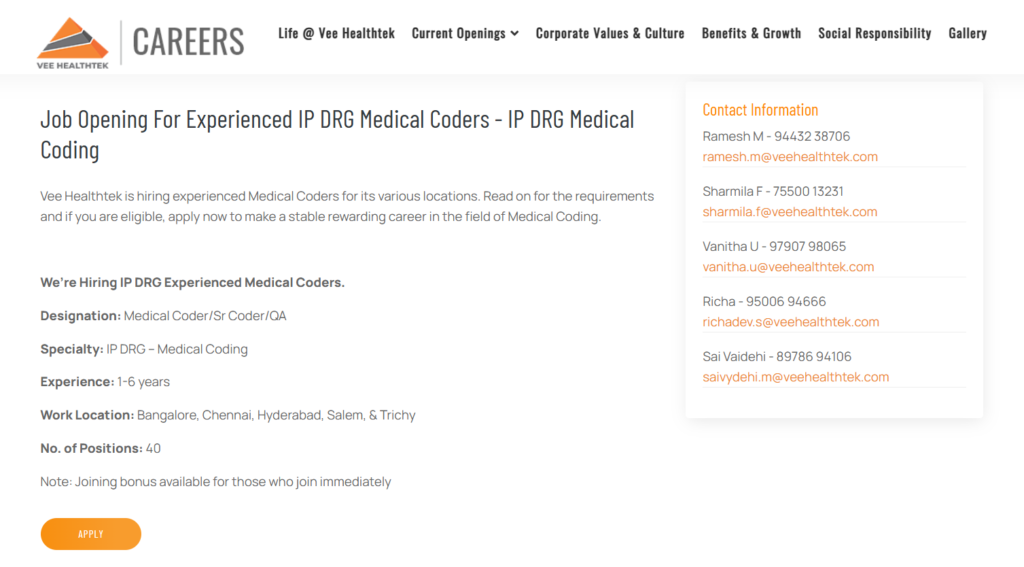 Vee Healthtek Walk-In Drive for IP DRG Medical Coders in Multiple Locations on 14th-15th June