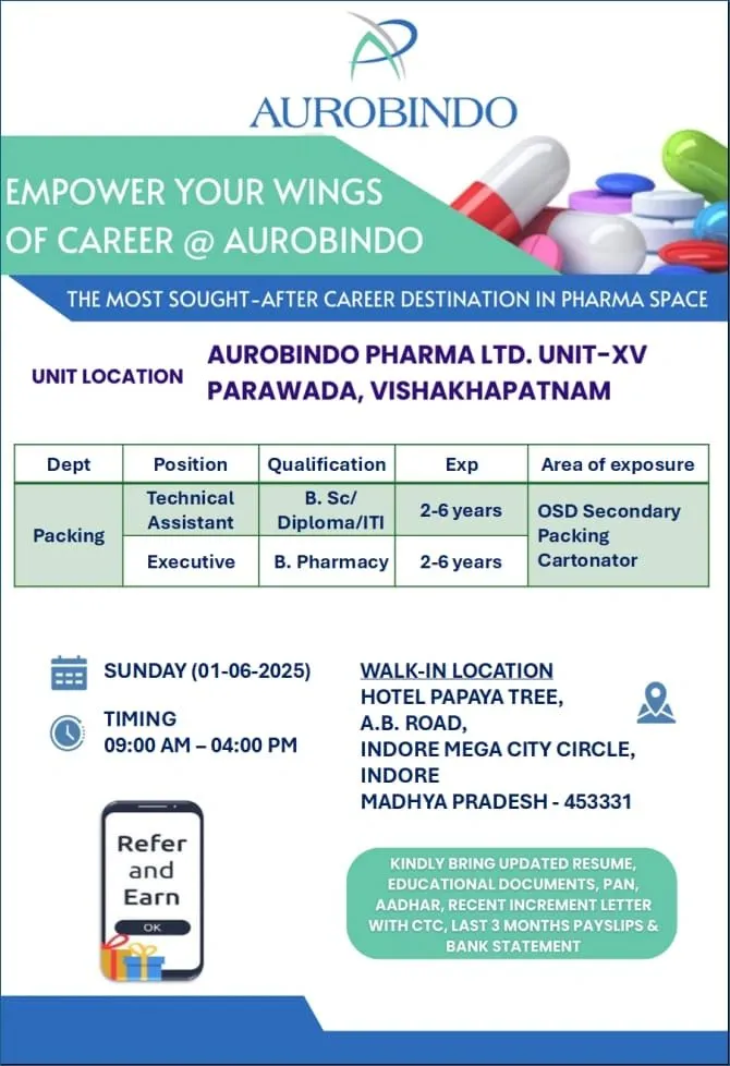 Aurobindo Pharma Walk-In Interview for Packing Department Roles on 1st June