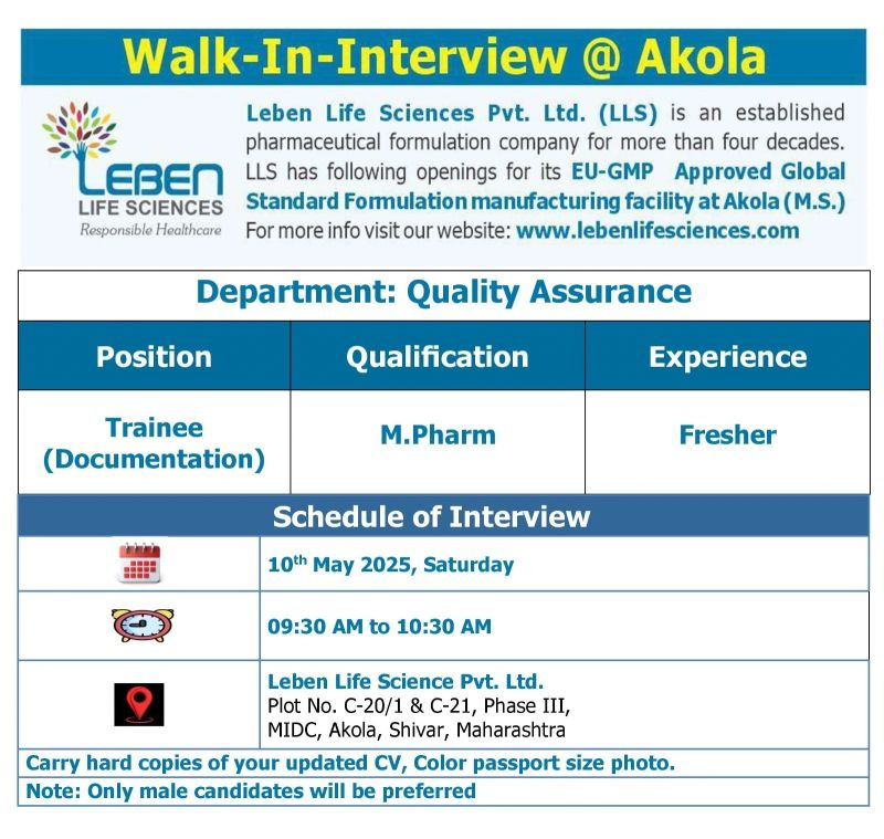 Leben Life Sciences Walk-In Interview for Quality Assurance Trainee (Documentation) – May 10, 2025